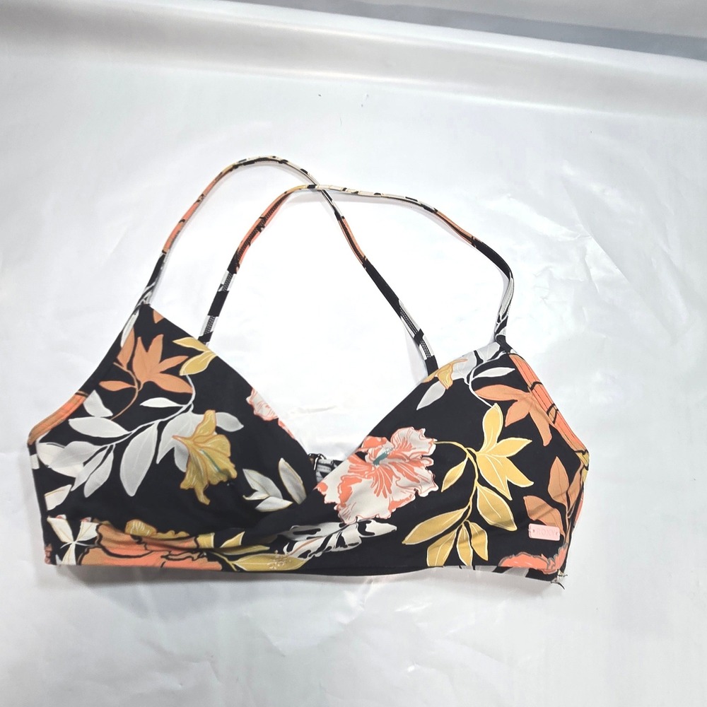 Roxy Floral Bikini Top Black Orange Yellow Tropical Swim Sz Medium Pool Vacation